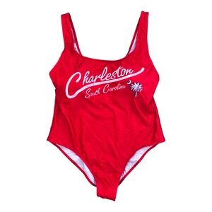 Creative Apparel  Womens 1 pc Charleston,SC Red Palm Tree Swimsuit Size XXL
